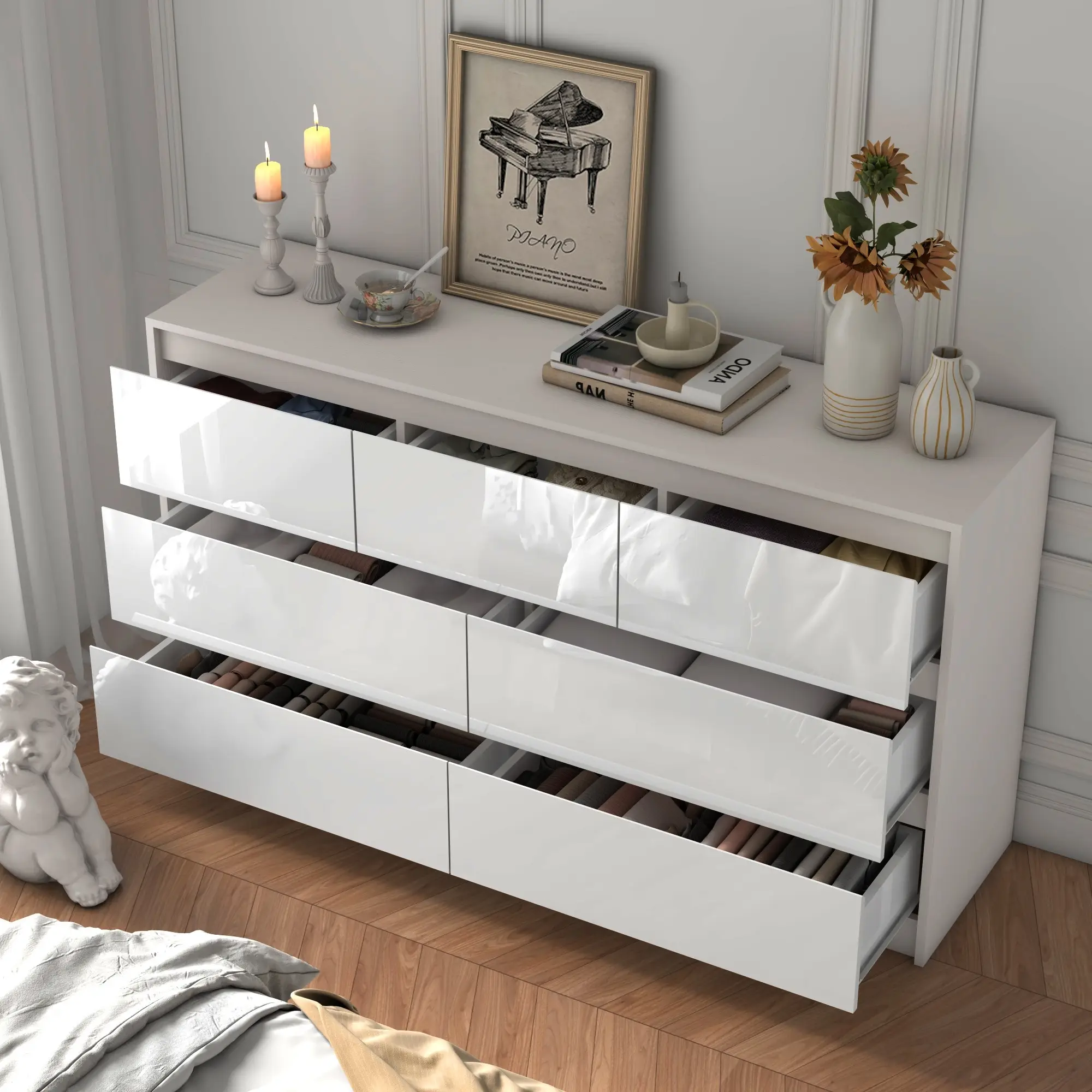 Dresser for Bedroom, Modern Dresser with Drawers, Large Wood Chest of Drawer Handle Free, Long Dresser for Bedroom, Living Room, Entryway, Hallway, Wh