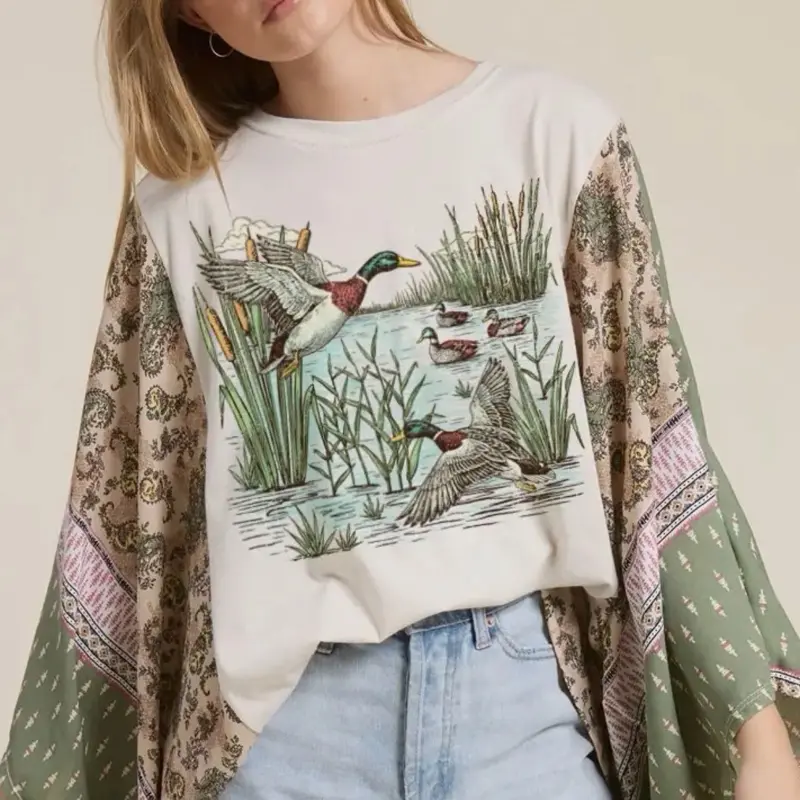 Mallard duck cotton vintage graphic top with kaftan sleeves (OPEN oversized fit)