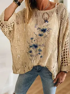 Women's Blue Floral Print Knit Top, Casual Elegant Knitted Vacation Style, Comfortable Breathable Loose Fit, Batwing Shoulder Long Sleeve Design, Spring Summer Fall Fashion, Knitwear