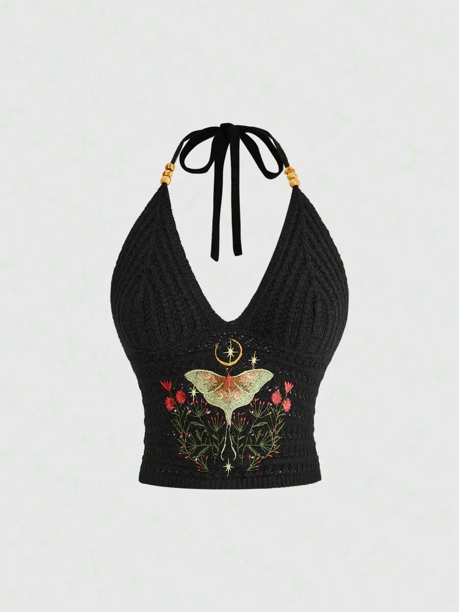VELORA x Fairycore Women's Summer Boho Dark Gothic Mysterious Moth & Floral Embroidery Halter Knit Top
