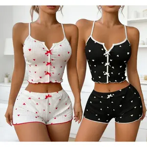 2pcs(Red+black) Heart Print Pajamas Set for Women - Soft Ribbed, Bow Detail Cami & Elastic Shorts with Frill Trim, Machine Washable - Perfect for Spring/Summer Soft RibbedLoungewear Sets for Women