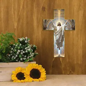 Easter Gift Wooden Cross Wall Decor | Jesus Resurrection Themed Hanging Art for Home & Church | Golden Trim Religious Cross with Christ Ascension Design | Perfect Easter Decoration for Faithful Families | Wooden Cross Decorations