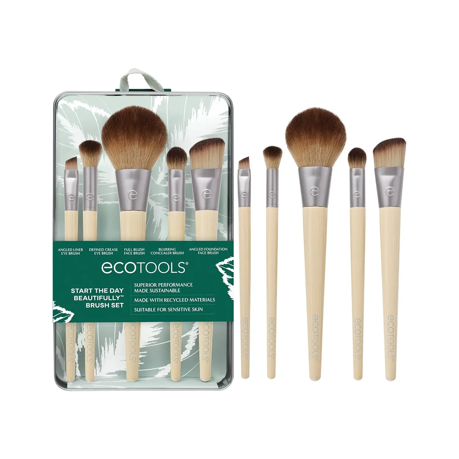 EcoTools 6-Piece Start the Day Beautifully Makeup Brush Set - Eco-Friendly Gift Set with Synthetic Hair for Eyeshadow/Blush, Concealer, Foundation Application, Vegan & Cruelty-Free