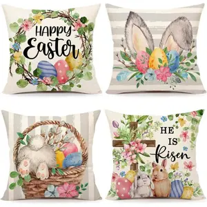 4pcs Easter Pillow Covers, Watercolor Cute Rabbit, Egg & Floral Print Pattern, Simple Farmhouse Style Peach Velvet Single-Sided Printed Cushion Covers With Zipper Closure, No Pillow Insert Included, Easter Striped Decor Pillowcases For Sofa, Bed, Chair, B