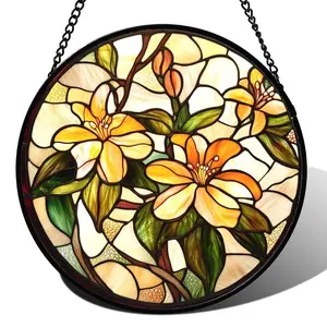 Yellow Wildflowers Stained Glass Suncatcher for Window Hanging, Floral Sun Catcher for Door Terrace Home Decor Gift for Women Mom Nana
