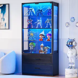 BROTTAR 70" Display Cabinet with Glass Doors, 4-Tier Curio Cabinet with Removable Glass Shelves, Display Case for Collectibles with 2 Drawers, Black