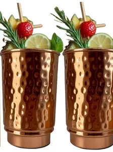 Pure Copper Tumblers Set of 2 |BPA Free| Lacquer Free Copper Tumbler| Handcrafted Hammered Ayurvedic Glasses | 350 Ml/11.8 OZ Water Cups for Health, Detox