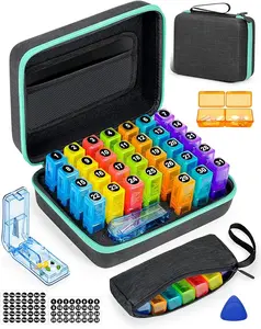 Monthly Pill Organizer 2 Times a Day with Weekly Pill Bag, Portable Hard Shell & Pill Cutter, Plastic Opening Pick, Monthly & Weekly Stickers