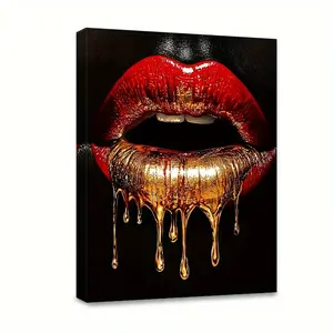 1 Piece Modern Abstract Lip Print Canvas Art - Red Lips and Gold Drip Painting - Wooden Frame Wall Decoration - Living Room, Office Decoration - Bold Makeup Art Poster - Home Gift Idea, 2D Graphic Design, Abstract Face Design, Room Decoration