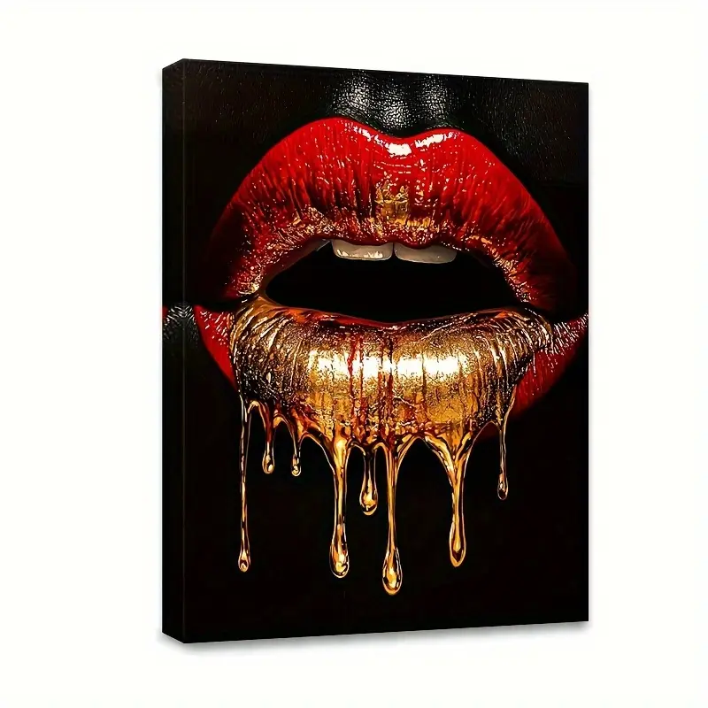 1 Piece Modern Abstract Lip Print Canvas Art - Red Lips and Gold Drip Painting - Wooden Frame Wall Decoration - Living Room, Office Decoration - Bold Makeup Art Poster - Home Gift Idea, 2D Graphic Design, Abstract Face Design, Room Decoration