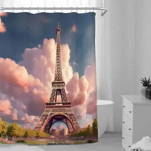 Eiffel Tower Pattern Shower Curtain, 1 Count Waterproof Bathroom Curtain with Hooks, Bathroom Accessories, Home Decor Supplies for Bathroom