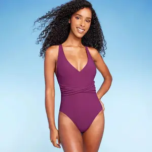 Women's Ribbed Plunge Twist-Front One Piece Swimsuit Shade & Shore Purple XL