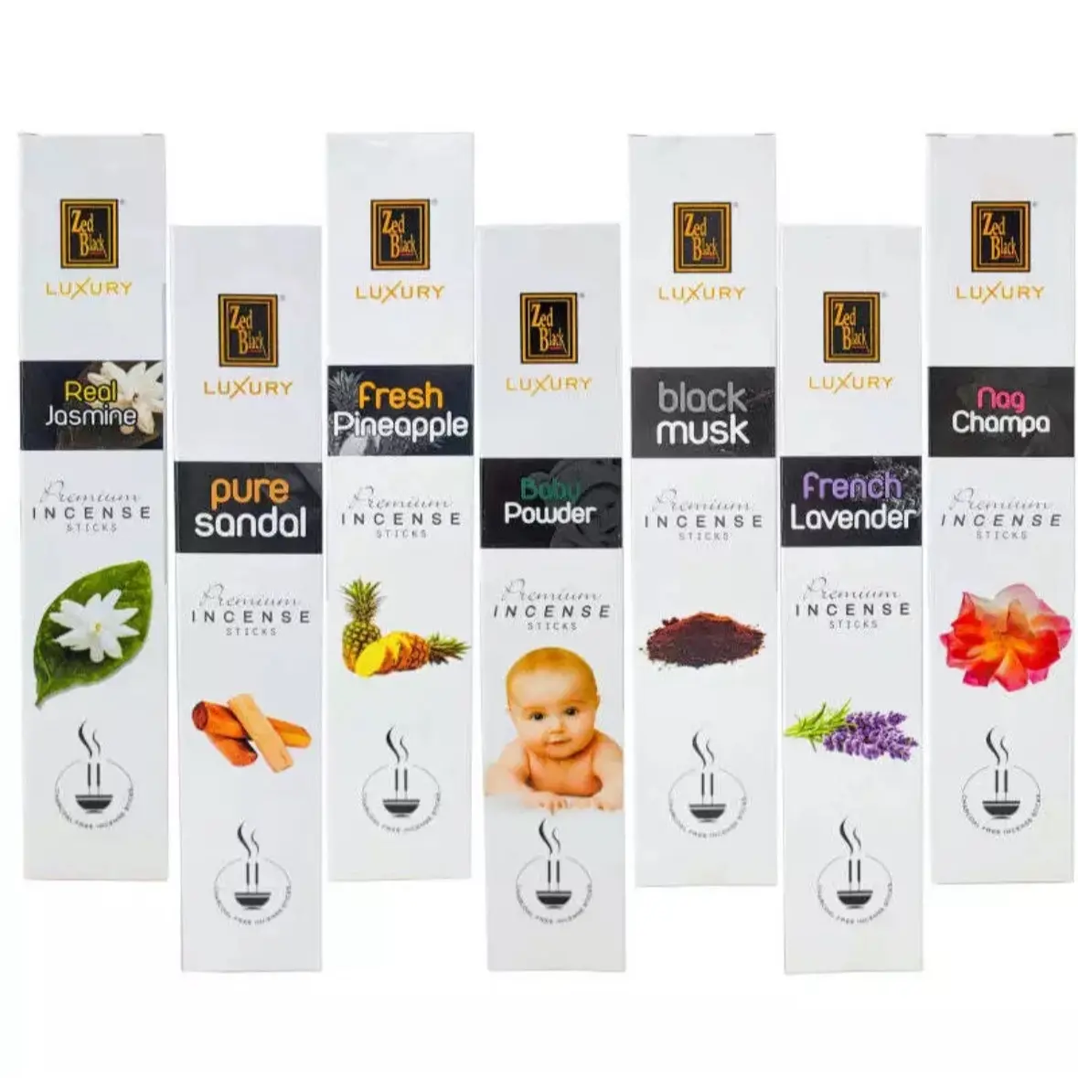 7 PCs zed black luxury collection 9" inch Indian incense sticks 12-pc per pack combination aroma essential baby powder Nag Champa Jasmine lavender sandal musk pineapple relax cruelty free Scented Fragrance Freshener total 84 incense sticks Perfume
