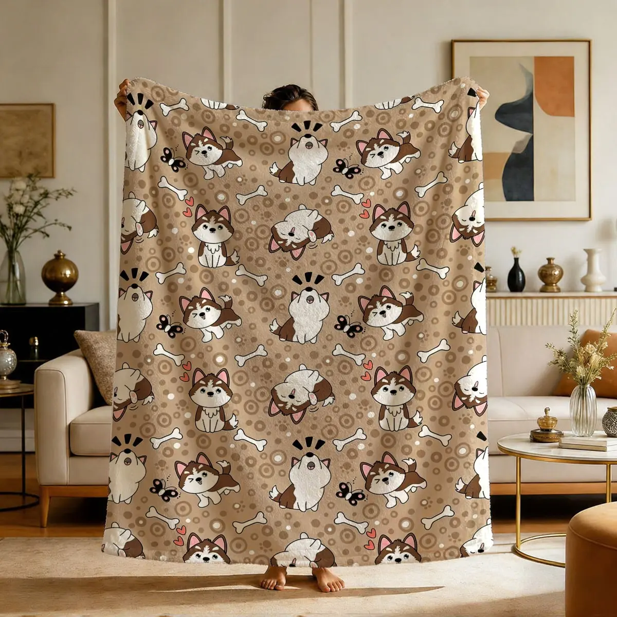 Comfortable Cartoon Husky Print Flannel Blanket, Soft and Warm, Ideal for Nap, Camping, Travel, All Seasons Gift