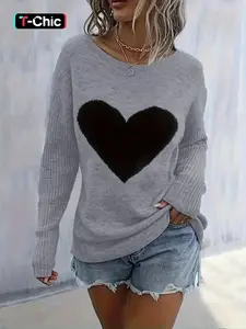 Women's Heart Pattern Drop Shoulder Sweater Pullover, Casual Long Sleeve Round Neck Jumper for Fall & Winter, Fashion Ladies' Knitwear for Daily Wear, Womenswear