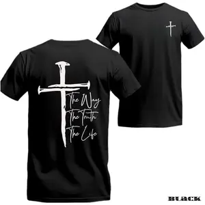 Faith Cross T-shirt - The Way, The Truth, The Life - A stylish and faith-driven T-shirt with a cross and the powerful words "The Way, The Truth, The Life." Ideal for expressing your Christian belief. Unisex. Menswear Top Shortsleeve Crewneck Casual Tees