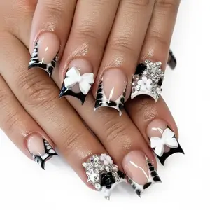 French Tip Press-On Nails | Short Square with Bow Charms, Zebra Print, Small Flowers & Silver Stars, 24 Pcs Stick-On Fake Nails for Women