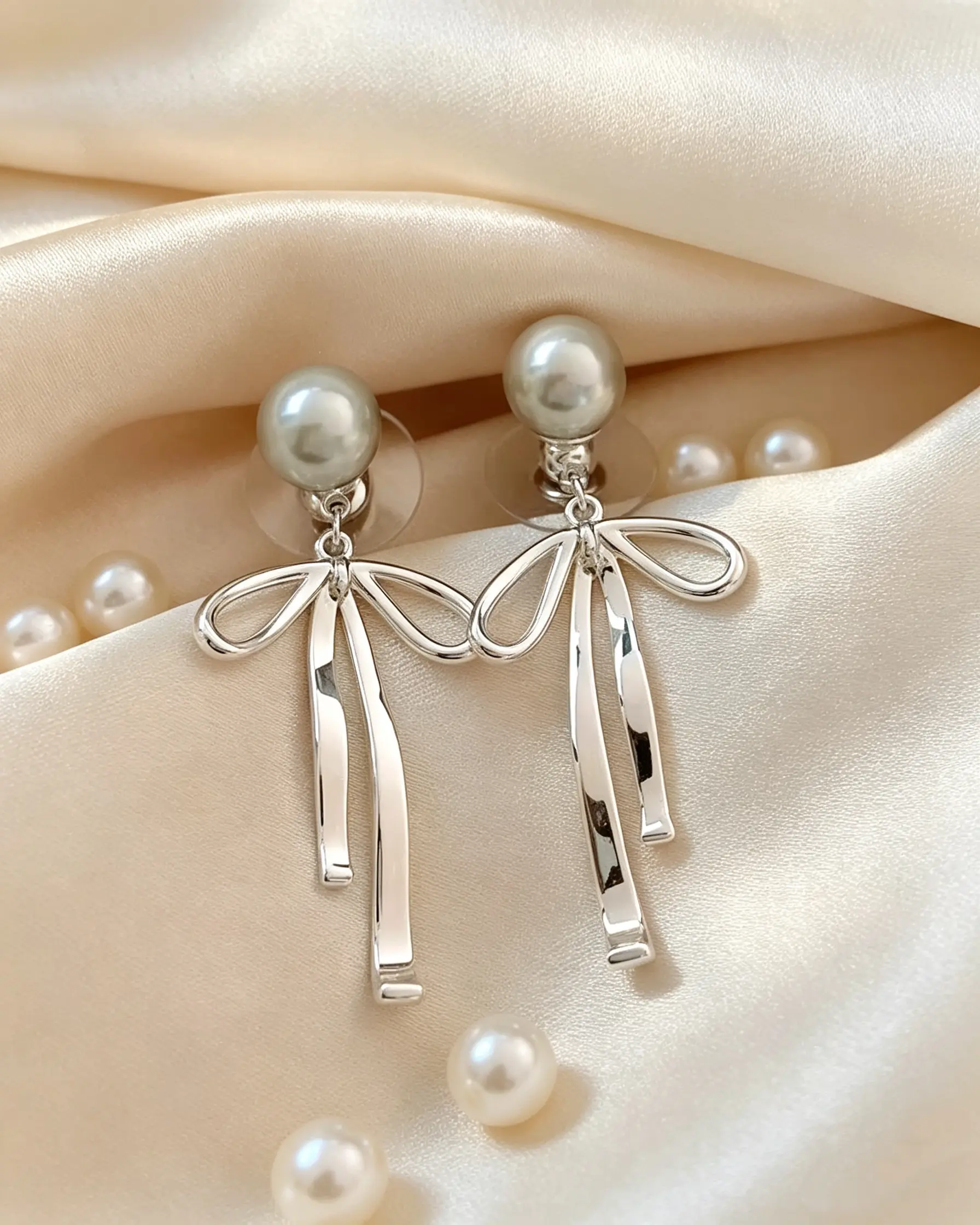 Hollow Metal Ribbon Bow Pearl Stud Earrings, Smooth Lustrous Grey Faux Pearl Dangles, Classic French Minimalist Style, Timeless Elegant Jewelry for Daily Dating, Office & Party Occasions, Thoughtful Gift for Women