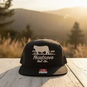 Hudson Hat Company Black 7 Panel Richardson Trucker Hat with Cow Logo and 2022 Est. Design