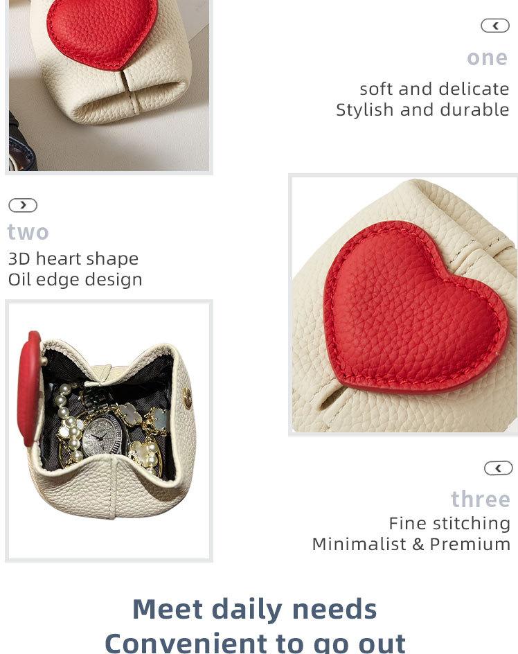Mini Lychee Pattern Cowhide Heart Coin Purse, Solid Color Buckle Key & Earphone Storage Bag, Color-Block Leather Change & Jewelry Pouch for Daily Use