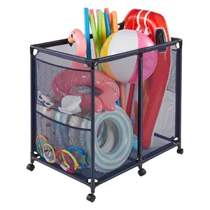 VEVOR Pool Storage Bin, 36.8 x 24 x 35.6 in, Rolling Pool Float Storage Organizer with Side Pockets & Casters, Heavy Duty Metal Frame, Poolside Toys Noodles Holder Mesh Basket for Swimming Pools