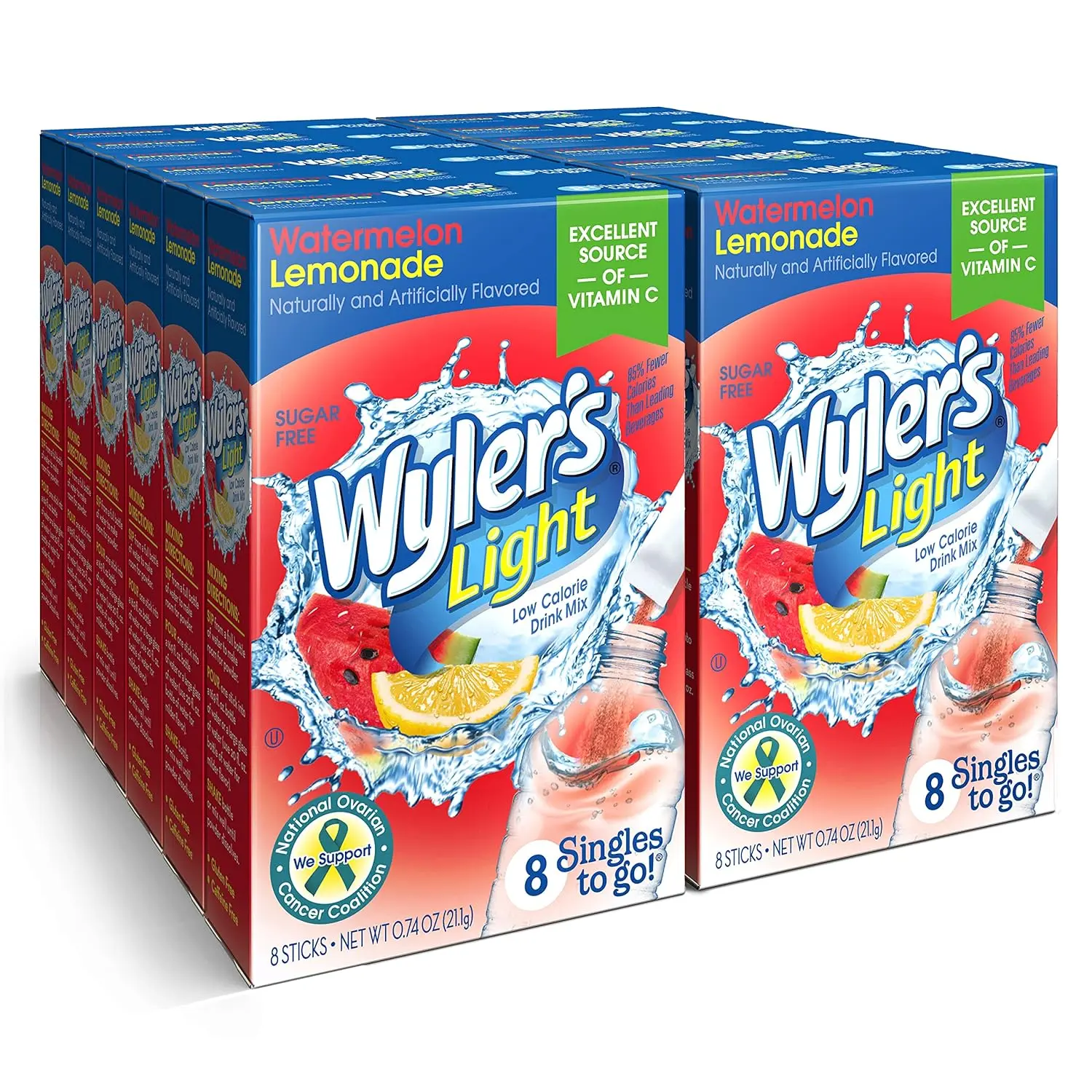 Wyler's Light Natural Ambient Water Drink Mix Powder Packets, Watermelon Lemonade, 8-Count Packs (12 Total, 96 Servings) - Low-Calorie, Artificial Ingredient-Free, Fat-Free, On-The-Go Hydration, Good Source of Potassium, 2% or Less Potassium Citrate