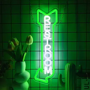Restroom Neon Sign, Toilet Neon Sign Green Arrow Indicator Glowing Sign, Washroom Neon Light LED Sign, USB Powered Bathroom Wall Hanging Sign, For Hotel, Hospital, Mall, Bar, Cafe, Park, School and Other Places with Toilets