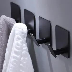 Adhesive Hooks - 4 Pack Towel/Coat Hooks Wall Hook Stick on Bathroom or Kitchen (Matte Black, Stainless Steel)