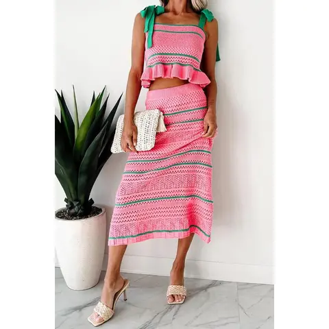 Women Summer 2Piece Open Knit Sweater Midi Skirt (Pink/Green)