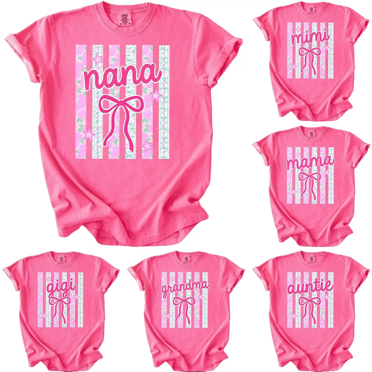 Comfort Colors Custom Striped Nana Coquette Floral Shirt, Personalized Grandparent Gift, Flower Gigi Grandma Mimi Mama Nanny Lolly T-Shirt