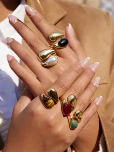 Unique 18K Plated Gold Color Stainless Steel Water Droplet Inlaid Gem Asymmetric Opening Ring Fashion Statement Rings Stackable Finger Rings Women Jewelry