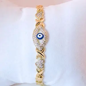 Gold Plated Bracelet for Women 7.5+1.5 Inches with Eye Design and Decorative Elements BRA-8966