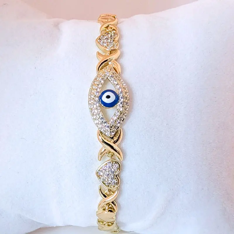Gold Plated Bracelet for Women 7.5+1.5 Inches with Eye Design and Decorative Elements BRA-8039