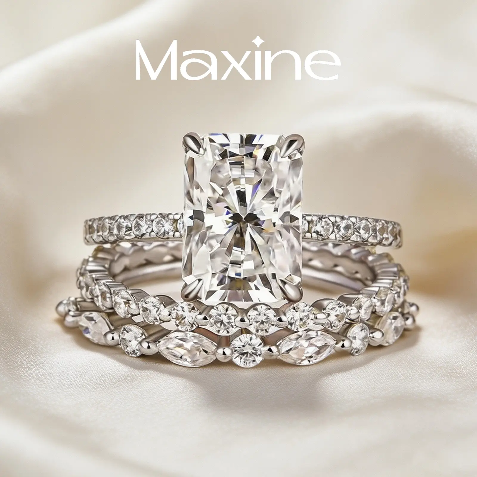 MAXINEJEWELRY 3.5ct Radiant Cut Synthetic Moissanite 3PC Artificial Gemstone Ring Set - Women's Engagement Ring Set for Proposal, Anniversary, Daily Wear, Engagement Rings For Women