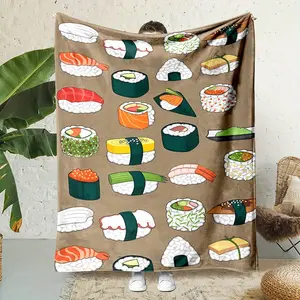 1pc Contemporary Style Reversible Flannel Fleece Throw Blanket - Sushi Print, Digital Printed, All-Season Cozy Office Nap & Home Blanket, Gift for Family and Friends,