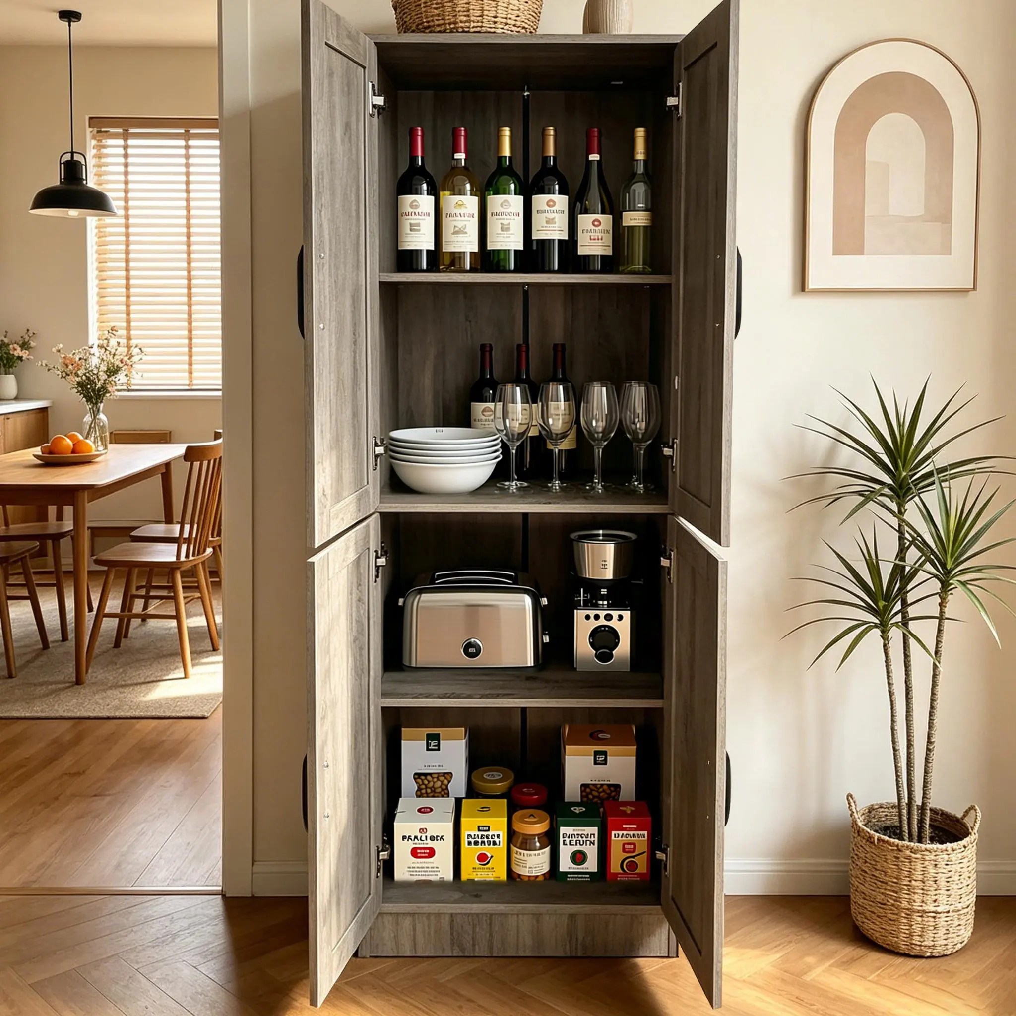 Durable Modern Freestanding Wood Food Storage Cabinet - White Kitchen Cupboard with 2 Adjustable Shelves, Barn Doors, Assembly Required, for Dining Room, Living Room