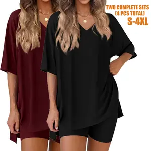 Women's 2 Piece Loungewear Set - Relaxed V-Neck Tee & Biker Shorts Sleepwear Outfits (S-4XL)