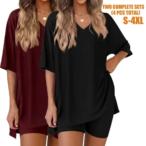 Women's 2 Piece Loungewear Set - Relaxed V-Neck Tee & Biker Shorts Sleepwear Outfits (S-4XL)