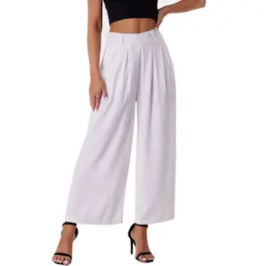 Women's Linen Pants Culottes Summer Vacation Beach Capris Crop Casual Wide Leg Palazzo Pants Pleated Plicated Slacks Cotton Linen Blend Ankle Length Petite Flowy Pull on Elastic Waist High Rise Pants