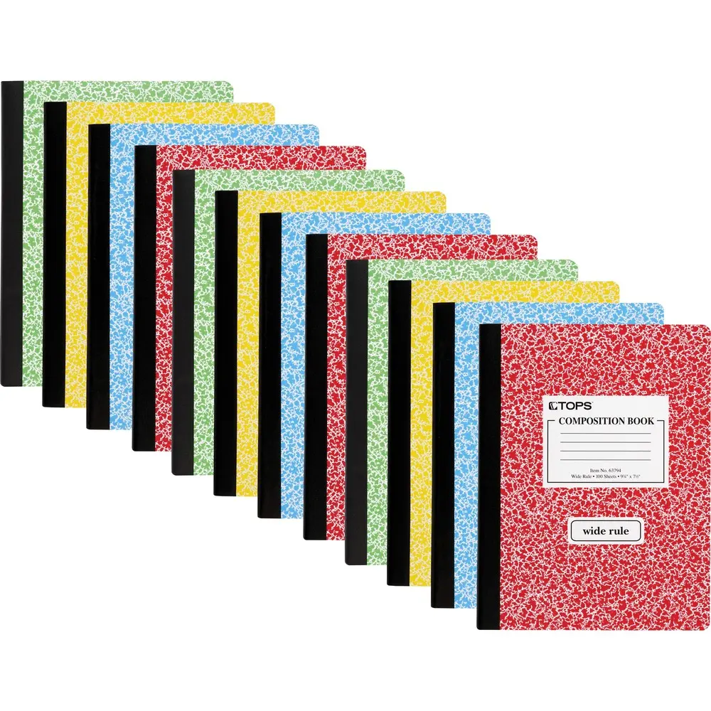 Wide Ruled Composition Notebook 100 Sheets Assorted Marble Colors, Rigid Paperboard Cover, Center-Sewn Pages, 7.5x9.8 Inch Study Stationery for Back to School with Precision Blue & Red Ink Ruling
