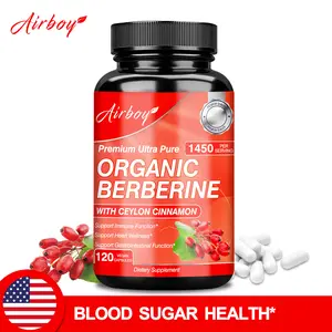 120 Airboy Organic Berberine Supplement Capsules, with added Ceylon Cinnamon, support gastrointestinal function, heart and immune system health.