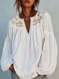 Women's Elegant Embroidered Floral Lantern Sleeve Blouse, V-Neck Ruched Detail, Boho Style, Loose-Fit, Short Sleeve, Multiple Sizes Including Plus Size