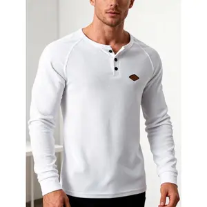 Men's Waffle Knit Henry Shirt, Fitted Long Sleeve Casual Business Button-Up, Soft Breathable Texture Tee for Daily Wear & Office Style