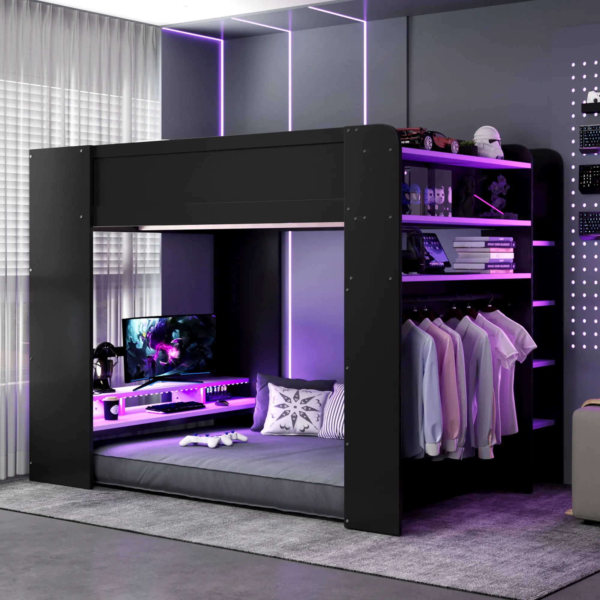 Full Size Wood Bunk Bed with Gaming Desk, RGB Light, USB Port, Wardrobe, and Storage Shelves, Purple