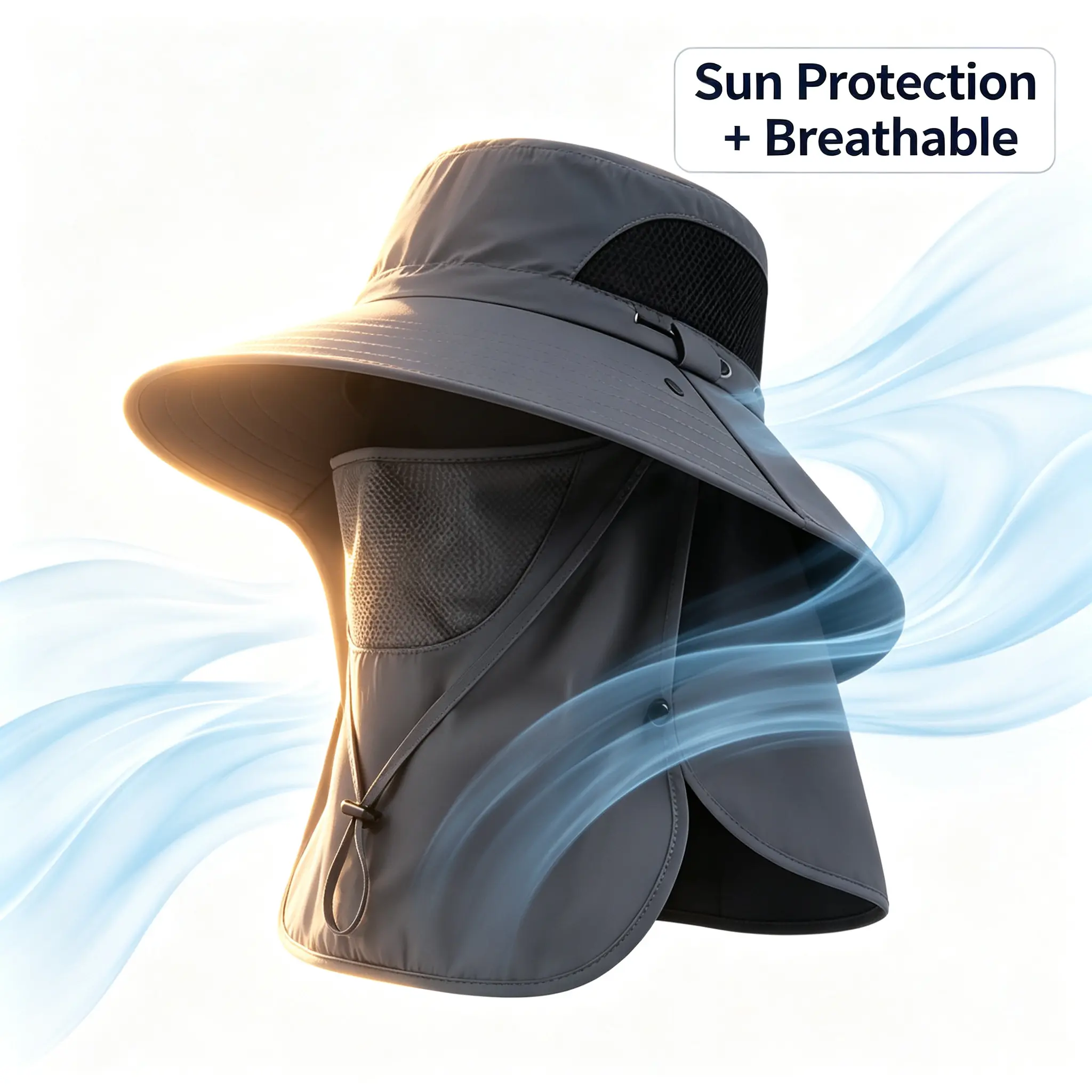 Wide Brim Sun Hat UPF 50+ UV Protection Breathable Fishing Hat with Detachable Neck Flap Face Mask Waterproof Outdoor Hiking Cap Pack