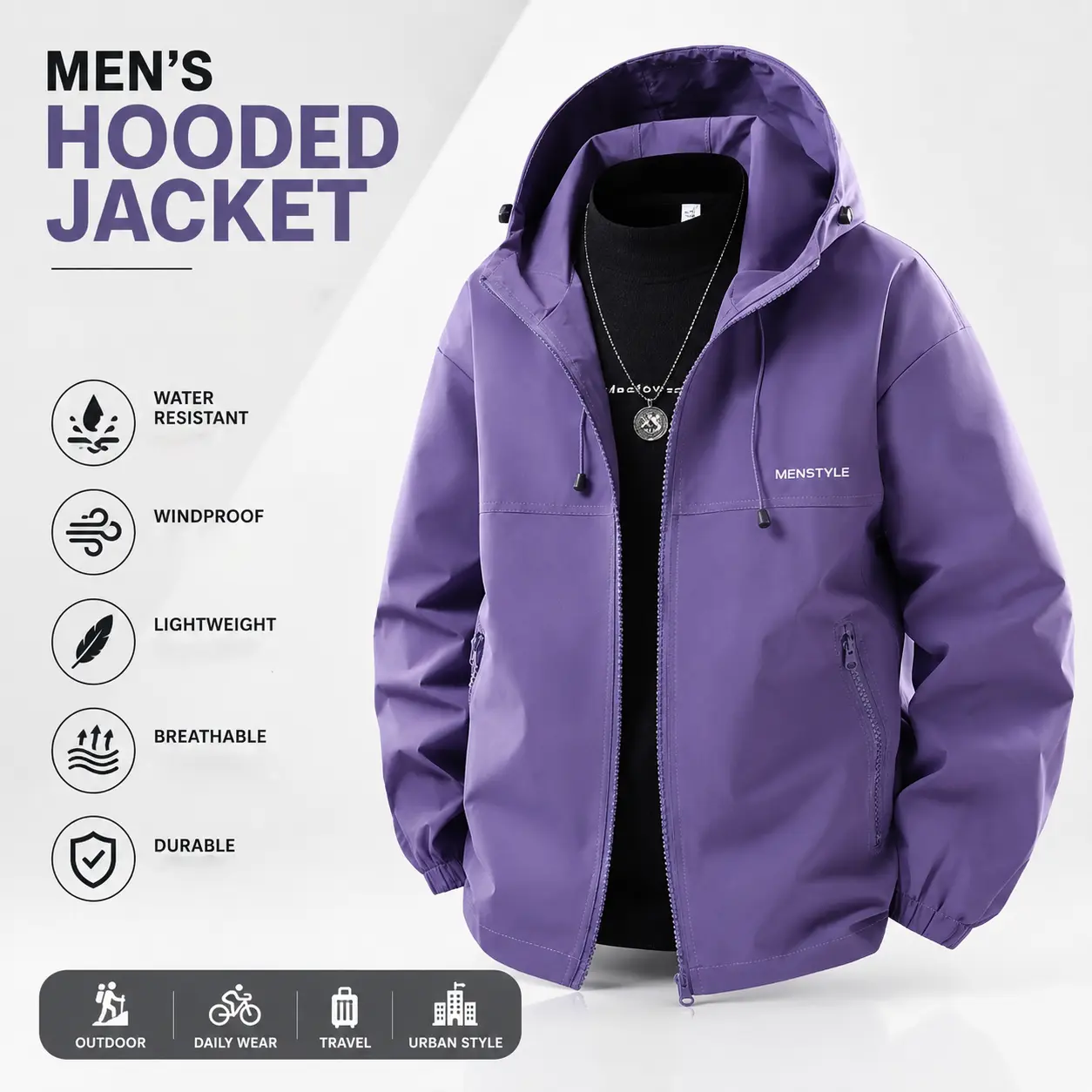 Men's Minimalist Solid Color Polyester Hooded Hardshell Jacket - Lightweight Autumn Menswear Top, Casual Sporty, Versatile, Machine Washable, With Pockets, Jackets