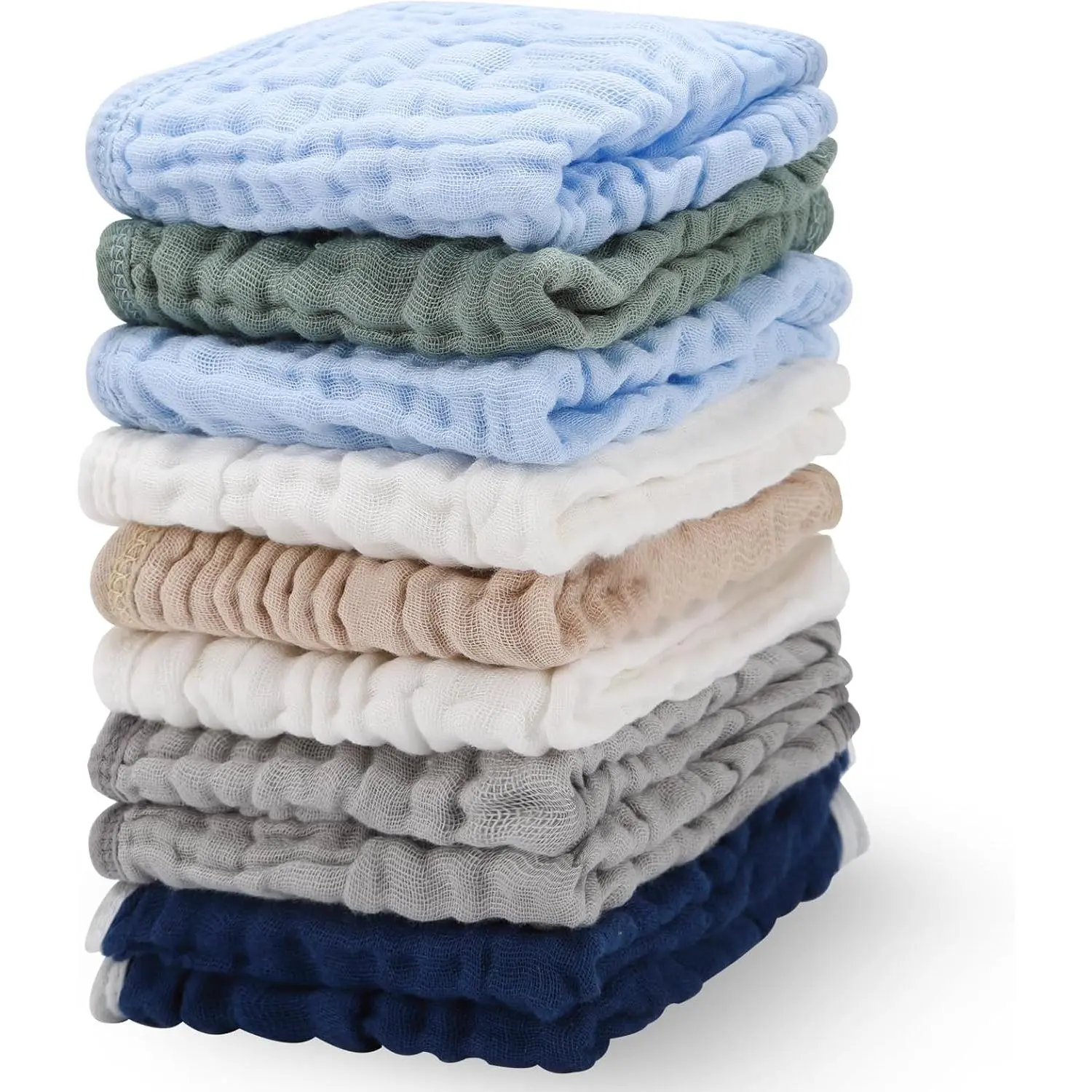 10-Pack Colorful Muslin Cotton Washcloths Set - 12x12 in Assorted Burp Cloths, Face Towels, Hand Wipes, Soft Breathable High-Absorption Multi-Purpose Bathroom Home Supplies Registry Essentials
