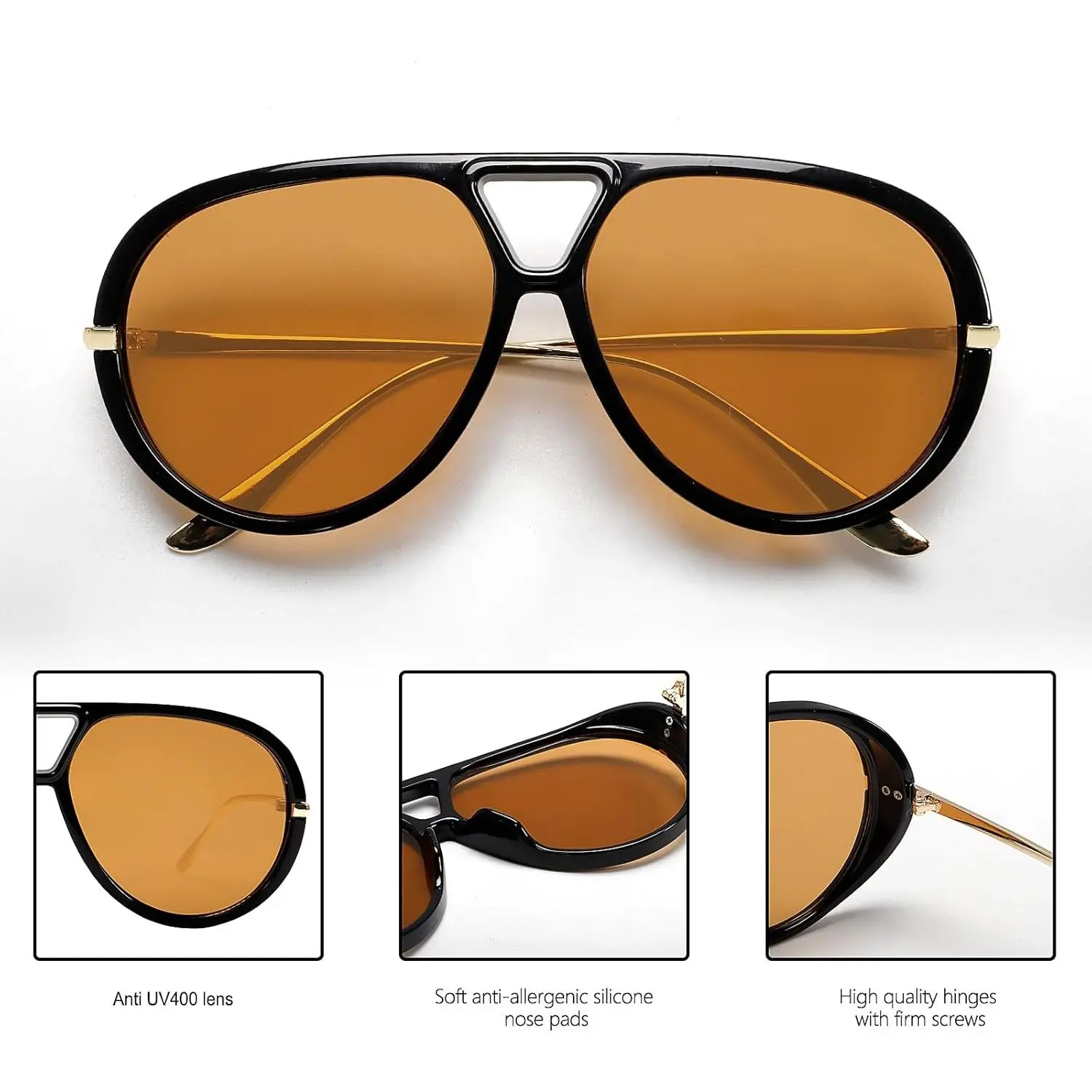2 Pack Unisex Retro Oversized Aviator Sunglasses Metal 70s Aviator GUVIVI Retro Gold Aviator Sunglasses for Women Men Oversized  main image 2