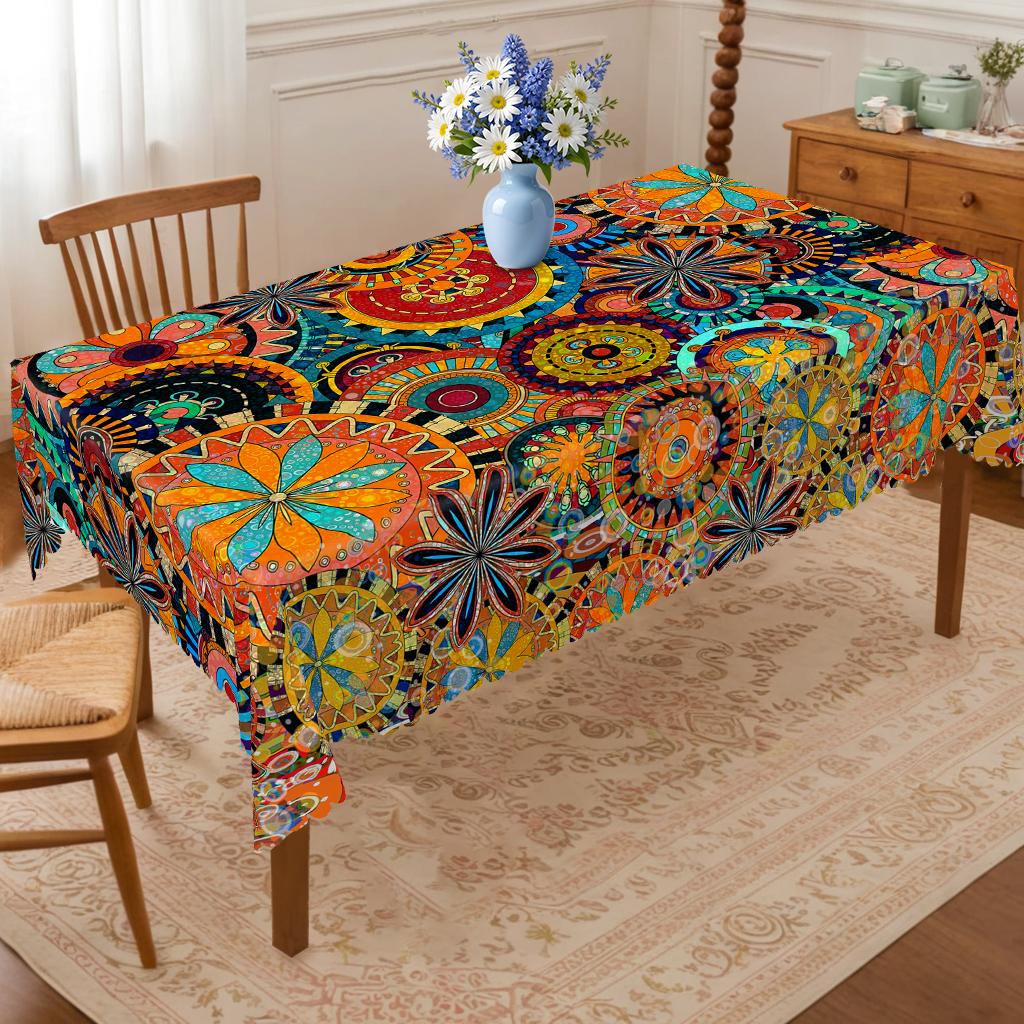 PLUMLIK Vibrant Boho Tablecloth, Colorful Retro Bohemian Round Rectangle Tablecloth, Exotic Style Decoration for Outdoor Indoor, Suitable for  Farmhouse Courtyard Thanksgiving Day Christmas Party, Daily Holiday Kitchen Restaurants, Home Dorm Accessories