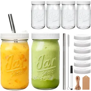 6-Pack Mason Jars Cups with Plastic  & Straws, 32oz Wide Mouth Glass Cups with Leak-proof Plastic ,  Drinking Jars for Juices, Smoothies, Iced Coffee &  Storage